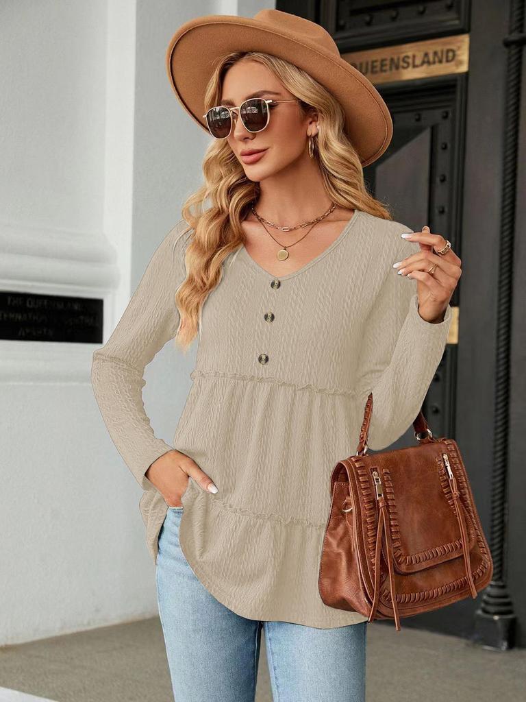2024 Autumn/Winter V-neck Button Patchwork Loose Long Sleeve T-shirt