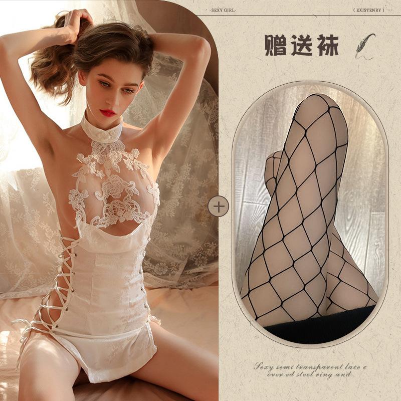 Sexy Lingerie Cheongsam Seduction Passion Hollow Strap High Split Fork Free Uniform Set
