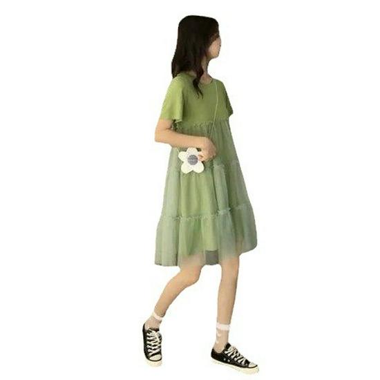 Summer 2023 Korean-Style Maternity Patchwork Dress – Loose Fit, Fresh, Sweet, and Fairy-Themed with Short Sleeves.