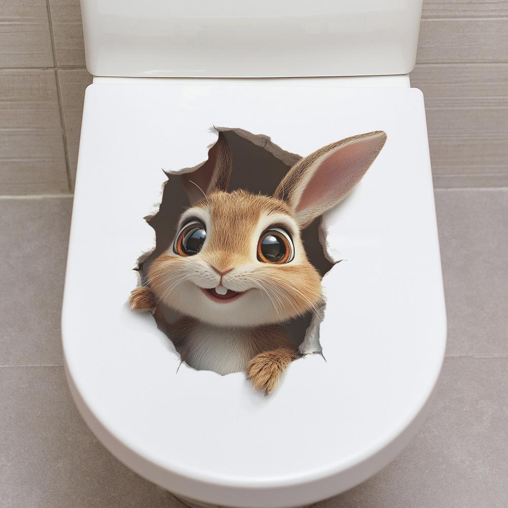 Creative Hole Cute Rabbit Toilet Sticker Bathroom Toilet Beautification Decorative Wall Sticker Customizable