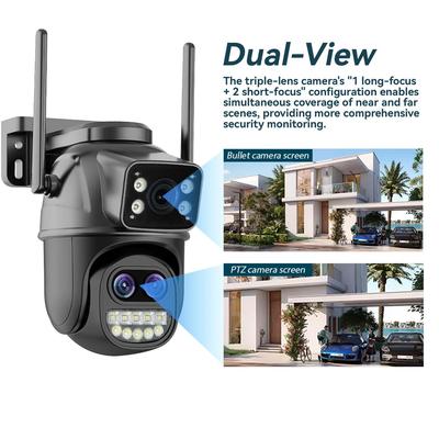 15MP HD Triple-Lens Outdoor PTZ Camera with Waterproof Build, WiFi, Full-Color Night Vision, 10x Zoom, and Two-Way Audio.