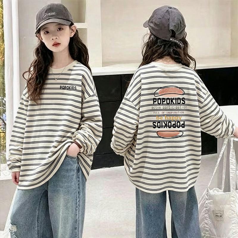 Girls' Fashionable Striped Cotton Long-Sleeve T-shirt for Ages 6-15 - Stylish Casual Patchwork Design