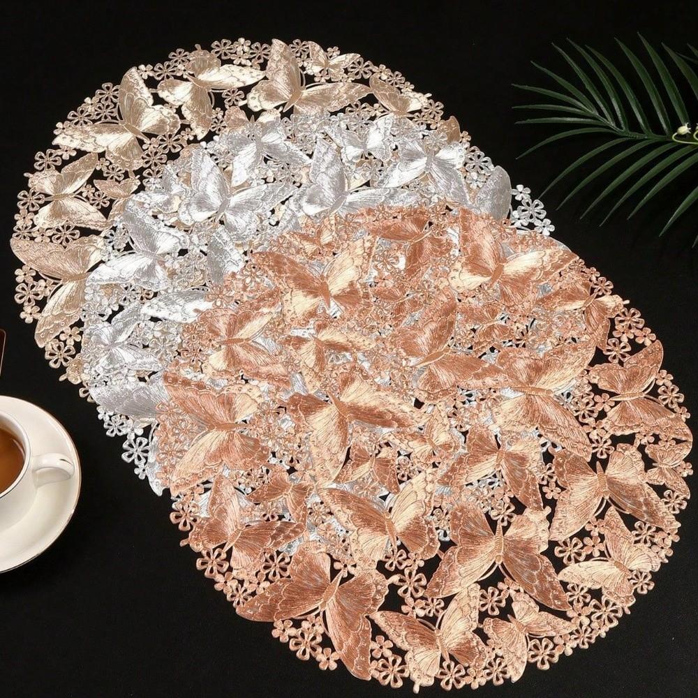 2 Pieces Non-Slip Round Table Mat Hollow Out Coaster Table Decor PVC Place Mat  Coffee Dining