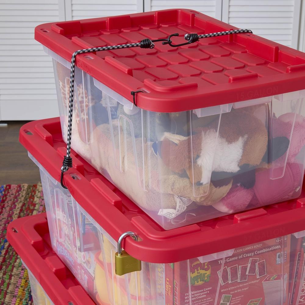 15 Gallon Clear Storage Bin with Red Snap Lid Stackable Plastic Container Easy Organization Garage Home Toy Keepsake Storage