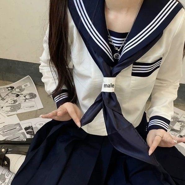 Red Triangular Sailor Uniform Scarf with Embroidery and Large Bow Tie - Japanese Academy Style