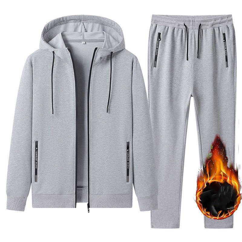 Men's Winter Plush Leisure Sports Set Solid Color Warm Coat+Pants Simple Plus Size Two Piece Set