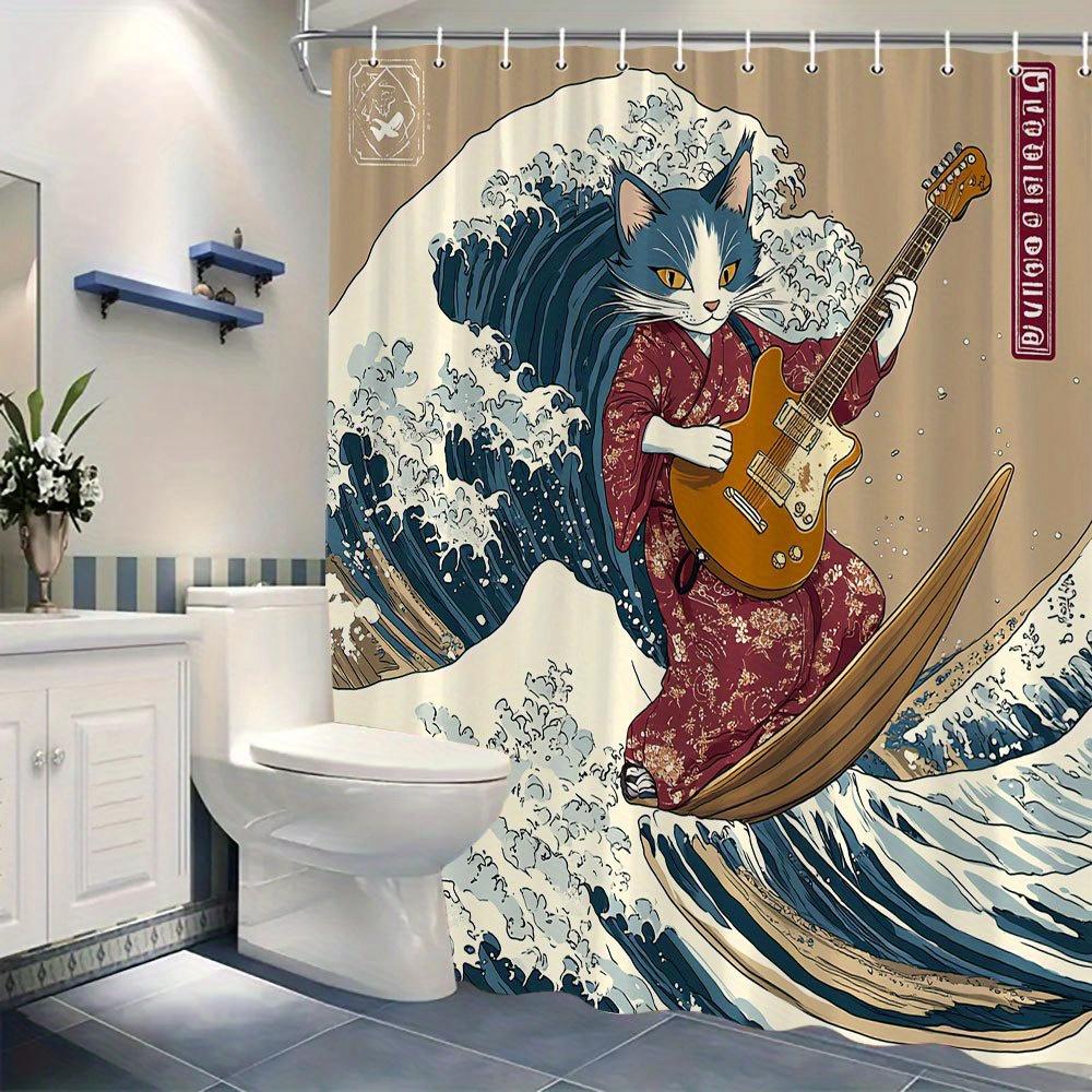 Einzigartiger Katzen-Gitarrenspieler-Druck Wasserdichter Duschvorhang für das Badezimmer, Japanisches Wellenmuster Hochwertiger Toiletten-Trennvorhang