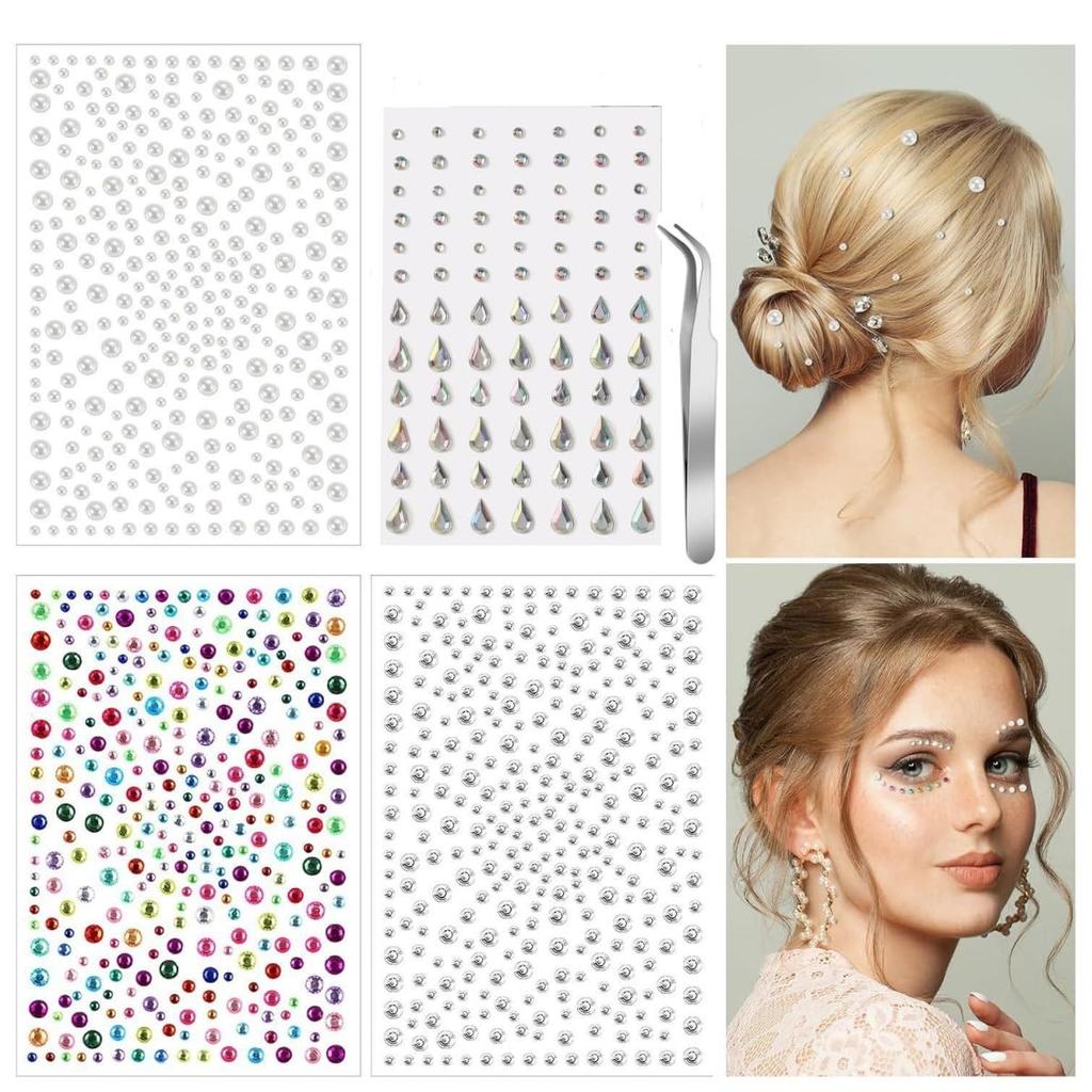 4 Sheets Self Adhesive Face Gems and Pearls for Makeup, Festival Jewels, Hair Gems, Rhinestone Stickers for Face, Eye, Makeup, Nail, Body, Crafts
