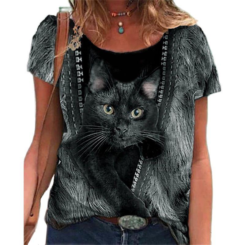 Women's 3d Cats Print Black Kawaii T Shirt Female Cute Animal Y2k Graphic T Shirts Girl Street Oversized Tees Haigh Quality Tops