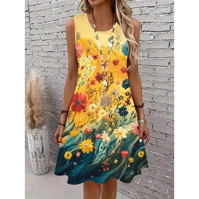 Women's Plus Size Sleeveless Dress 3D Floral Round Neck Knee Length Summer No Pocket Loose Soft Beach Vacation Mini Dress