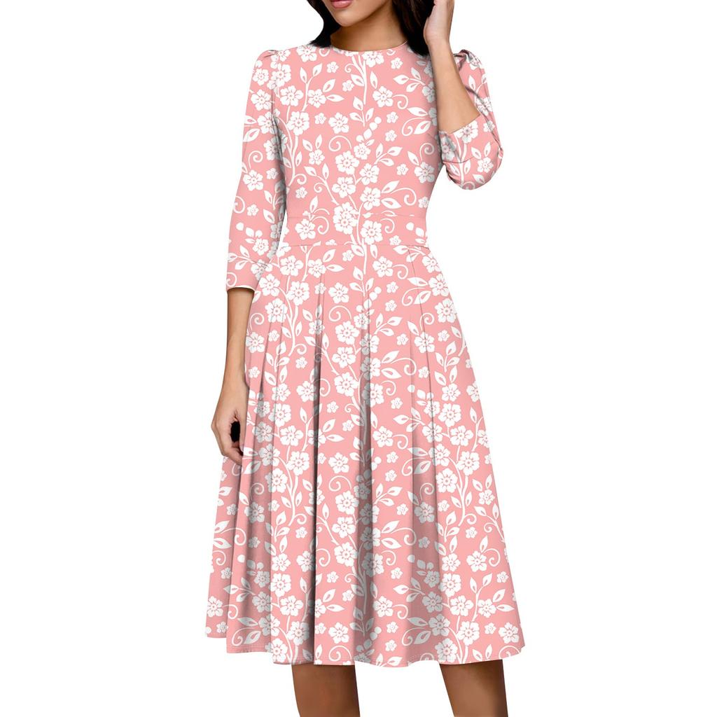 Lässiges und modisches Kleid für Damen mit Blumenmuster, 3/4-Ärmeln, Tasche und Reißverschluss auf der Rückseite