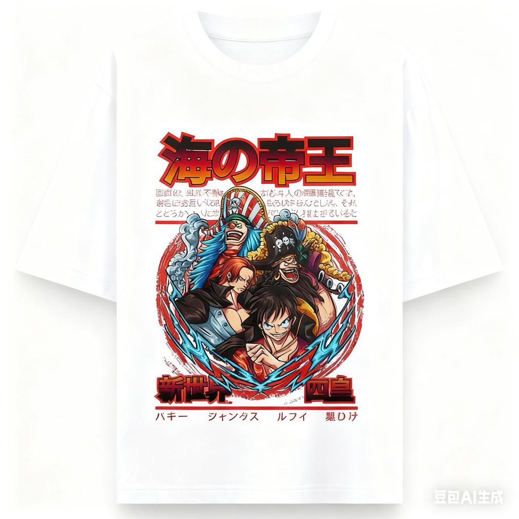 One Piece Anime Vier Kaiser Druck Oversize Baumwoll T-Shirt Herren und Damen Harajuku Trend Y2K Lässig Sommer Schweißabsorbierend T-Shirts