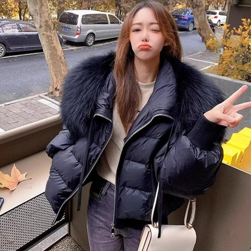 Winter Puffer Jacket Women Thick Warm Short Parkas Real Natural Raccoon Fur Loose Down Coat