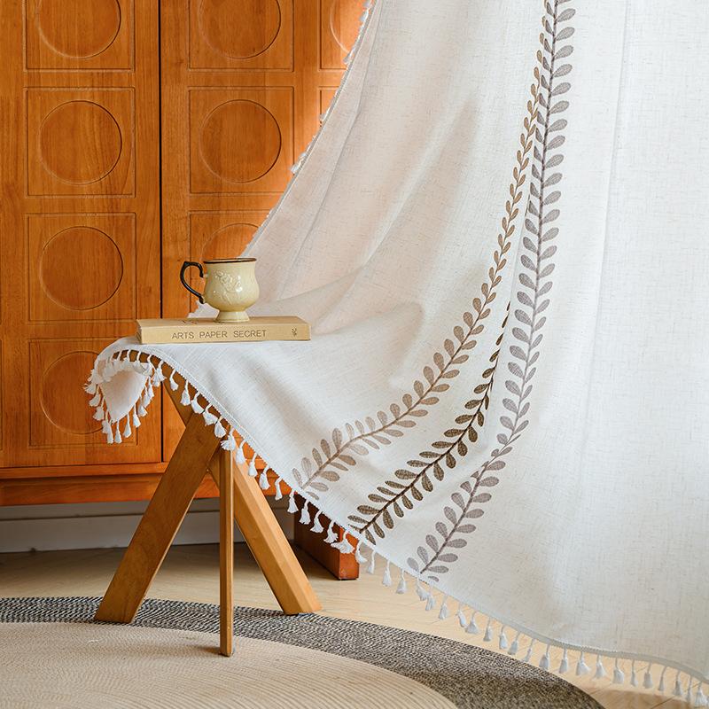 

Floral Embroidered Curtains,Semi Sheer Tassels Linen Drapes for Living Room,Boho Light Filtering Cottage Curtain with Rod Pocket W140xH100cm&Rod Pocket&1 panel