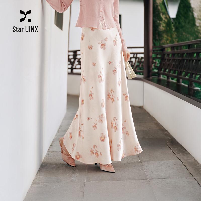 Xiangying New Chinese Style Floral High-Waisted A-Line Long Skirt S светло-розовый