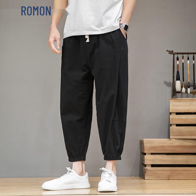 ROMON Men's Pure Cotton Drawstring Casual Cropped Pants