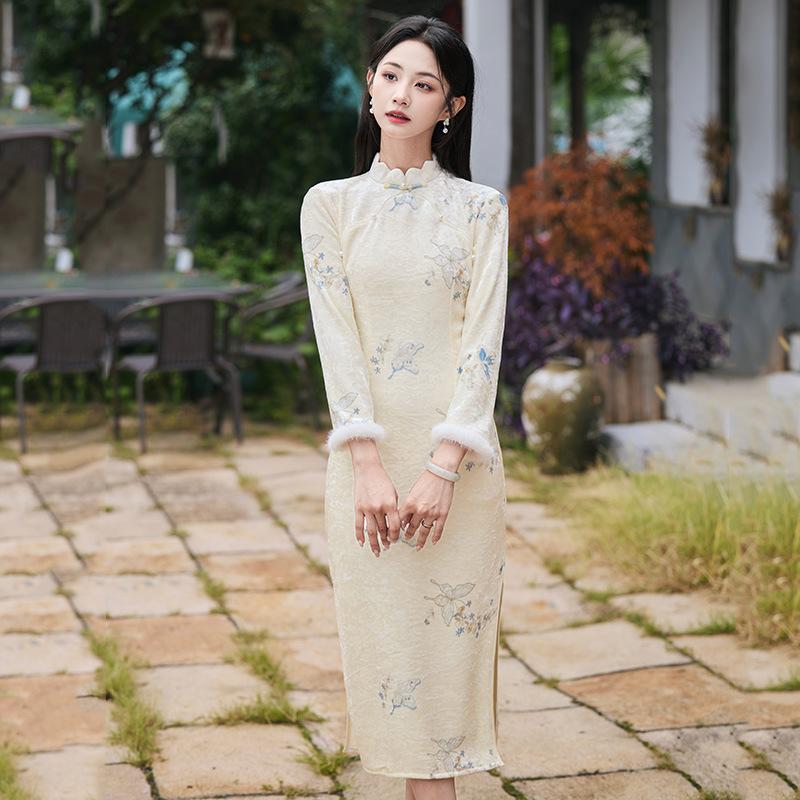 Beige velvet winter clothing national style new Chinese long-sleeved cheongsam winter thick improved young inner model