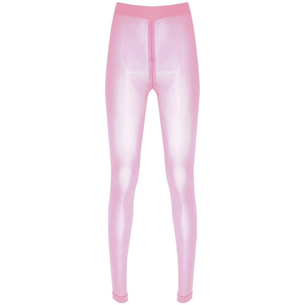 Women Sheer Pantyhose Zipper Crotch Design Stretchy See Through Tights Solid Color Elastic Waistband Leggings