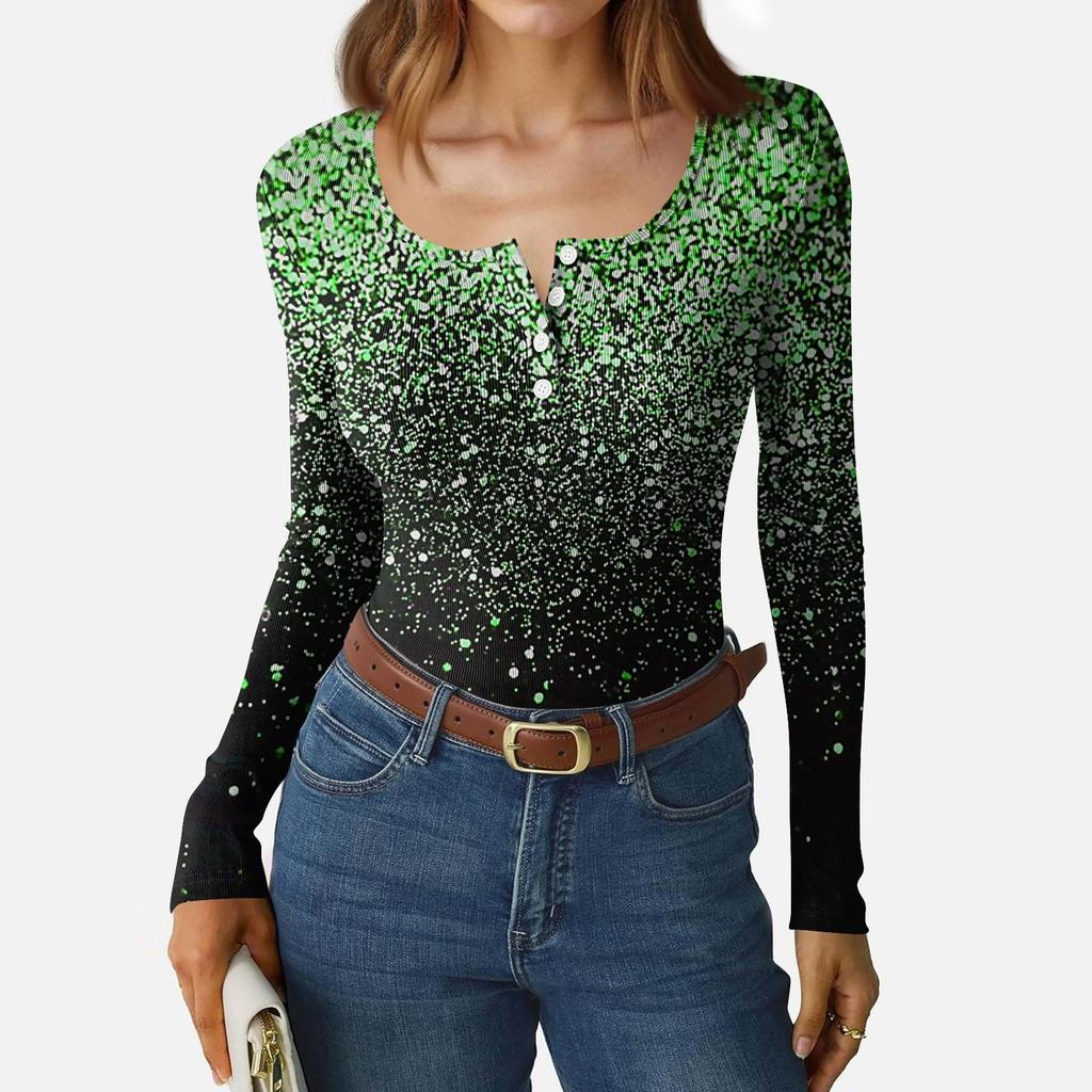 Women's Slim Bottom T-shirt Fashion Casual Gradient Printing Round Neck Pullover Long Sleeve Top