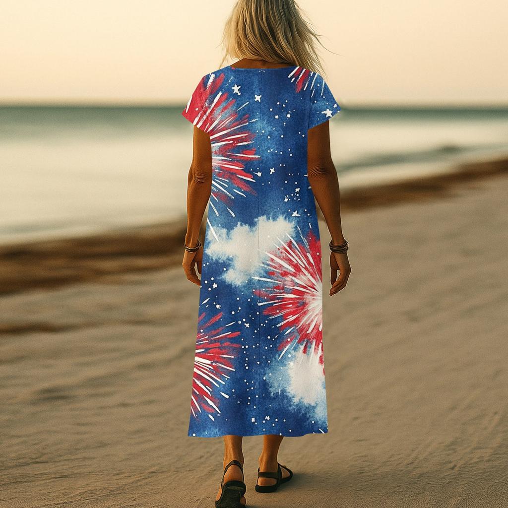 Flag Dress for Women V Neck Short Sleeve Maxi 4Th Of July Dresses for Women Patriotic Dress for Summer Usa Dress