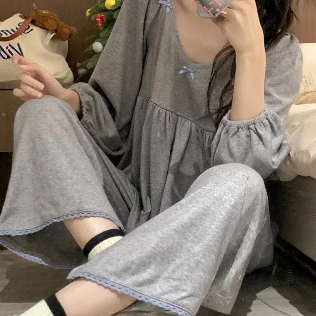 Girls' Sweet and Cute Lace Pajamas, Women's Spring and Autumn Bow Long-sleeved Trousers, Home Service, Can Be Worn Outside