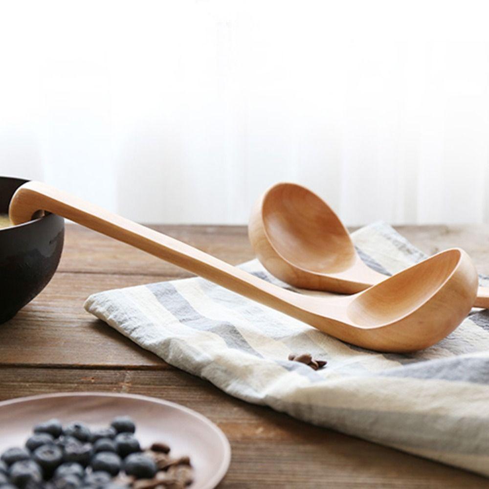 Cooking with Hanging Hook Natural Wooden Heavy Duty Tableware Soup Ladle Scoop Serving Spoon