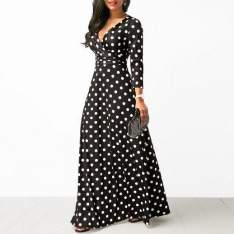 Elegantes 3/4-Ärmel Polka Dot Maxi Sommerkleid Damen Strandparty Abend Urlaub Langes Kleid