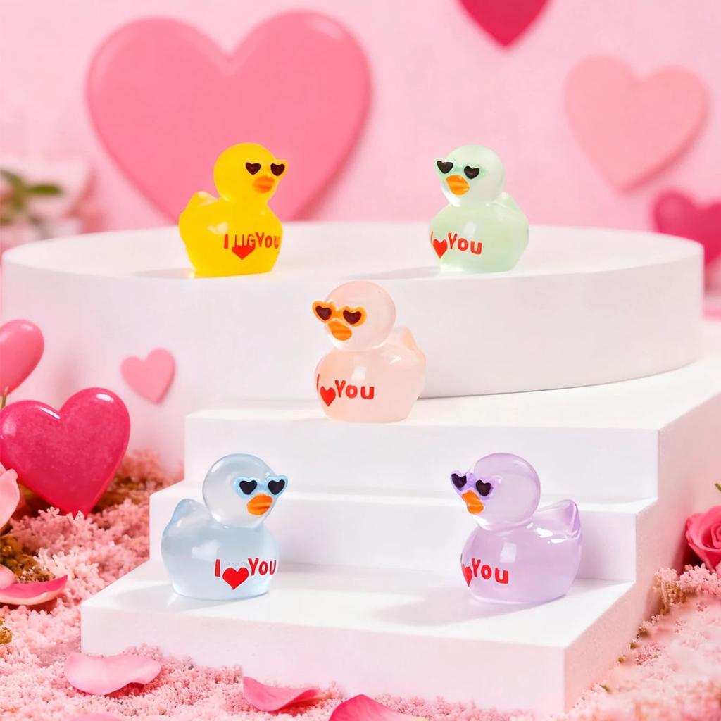 10/20Pcs Glow In Dark Resin Duck Figurines With Heart Sunglasses Valentine Gift I Love You Decor For Fairy Garden