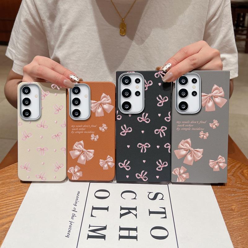 Pink Bowknot Print Matte Slim Case For Samsung S25 Ultra S24 FE S23 S22 A56 A36 A16 A55 A15 A35 A26 Leather Texture Soft TPU Shockproof Phone Cover