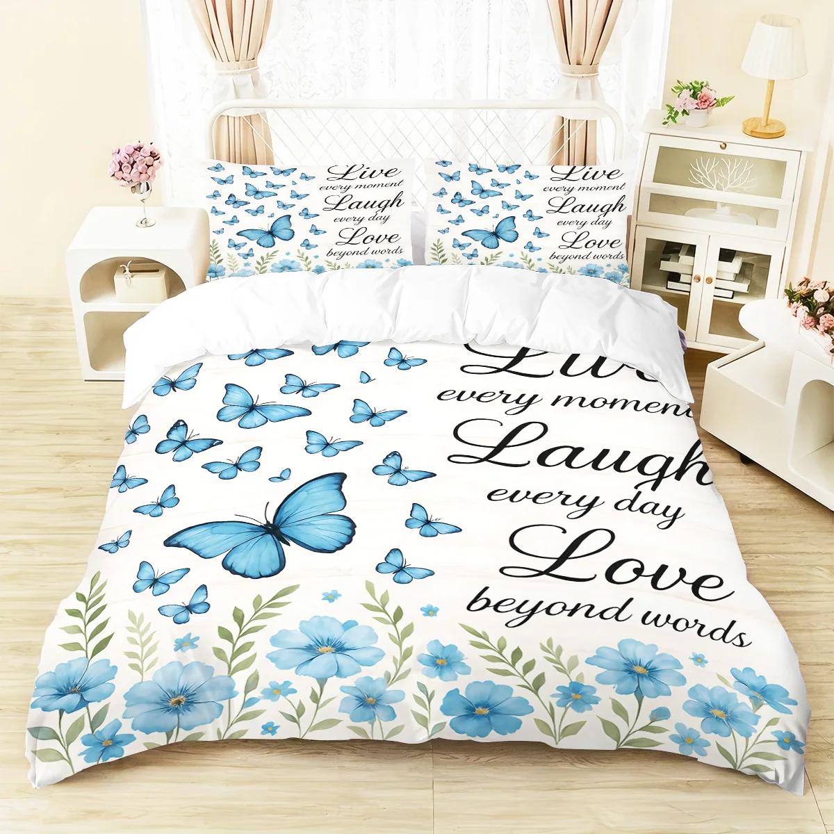 

3pcs Blue Butterfly Printed Down Duvet Covers, 1 Down Duvet Cover+2 Pillowcases, No Core. Soft and Comfortable Bedding Set EU Twin(135x200cm)
