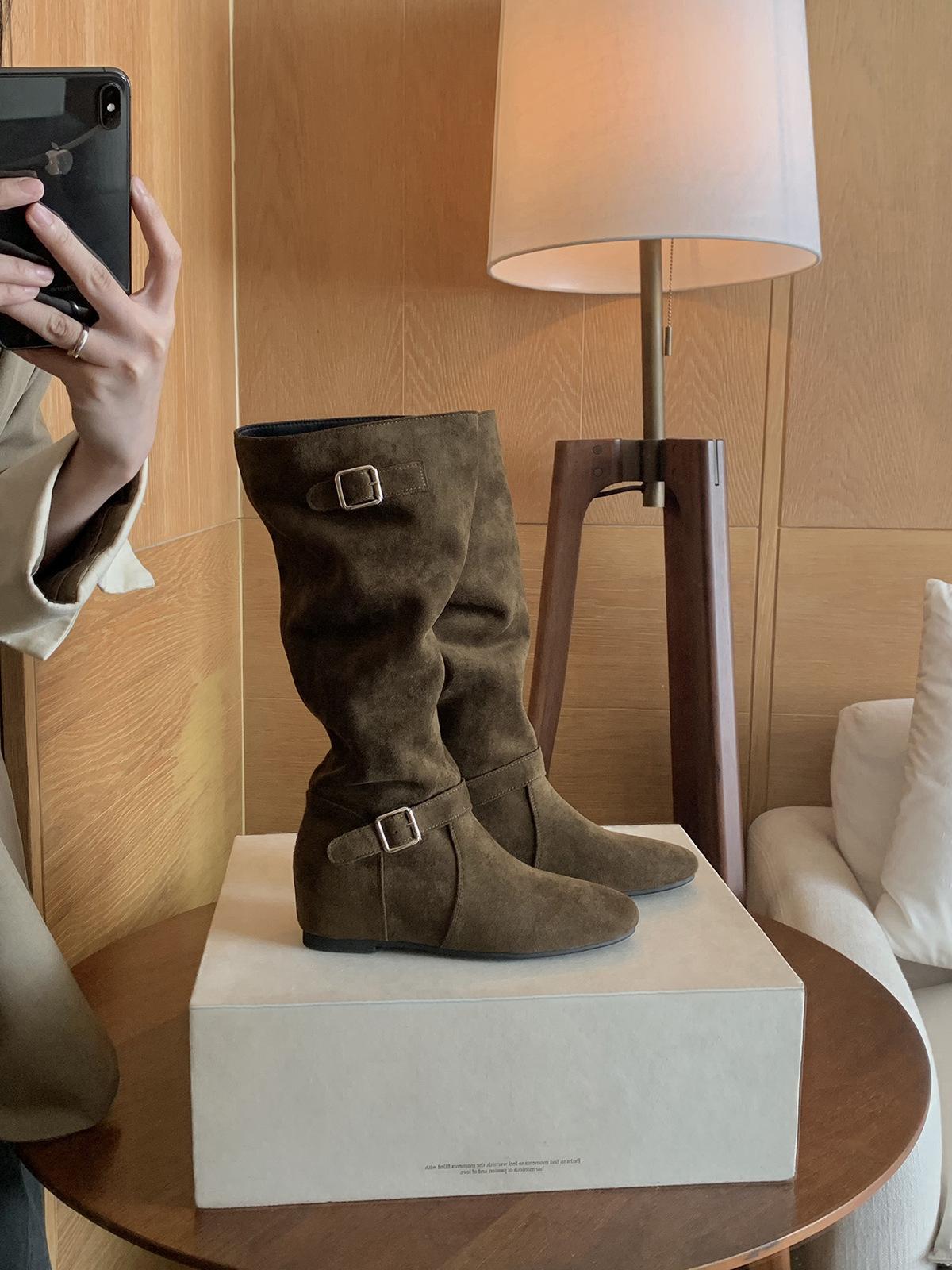 Inner heightening pleated stacking boots slim retro buckle western boots medium tube fashion boots 35