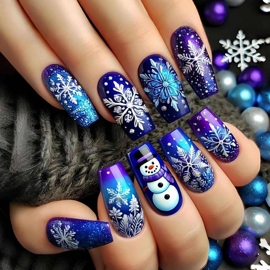 Snowflake Press on Nails Christmas Long Square Fake Nails Winter Snowman Acrylic Glue on Nail Glossy Xmas Stick on Nail for Women