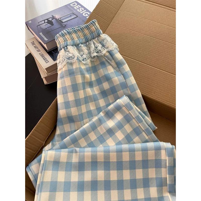 Plaid Patchwork Lace Trim High-Waist Women’s Wide-Leg Pants, Spring/Summer 2026 Collection 3XL
