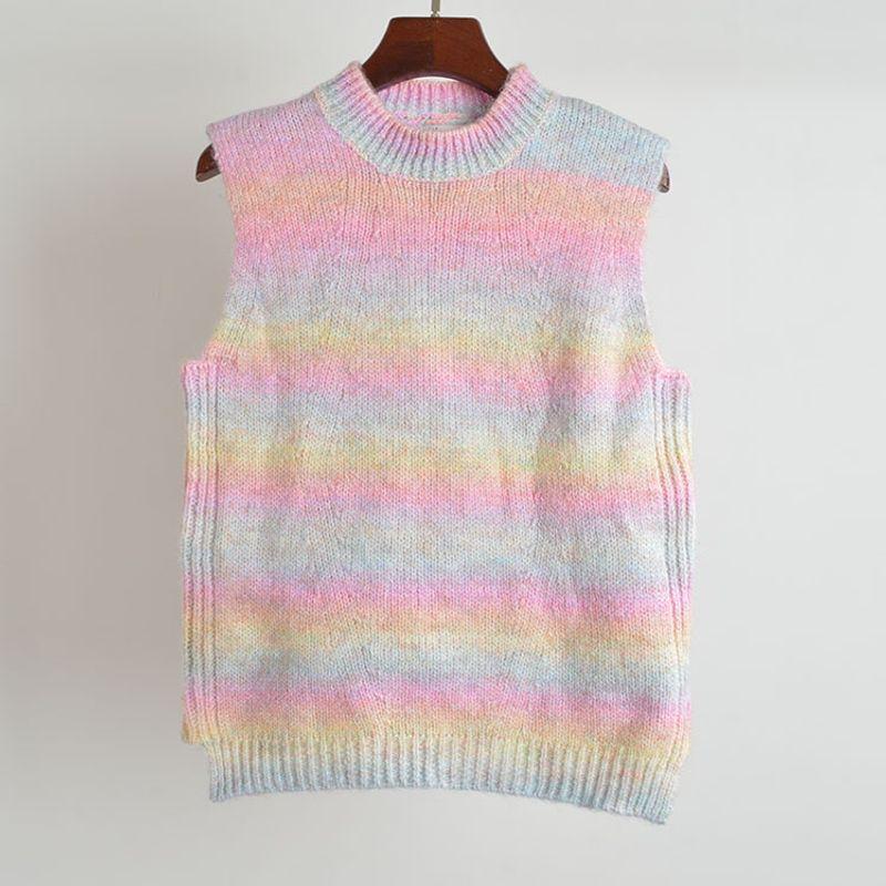 Export Fall and Winter Rainbow Stripes Gradient Color Stylish Pullover Sleeveless Knitwear Sweater Vest Jacket Tops Female