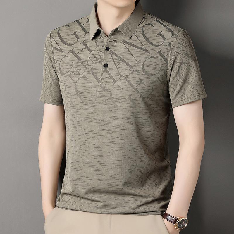Business Casual Short-Sleeved Men'S Lapel Breathable Polo Shirt Loose Half-Sleeved High-Elastic Printed T-Shirt