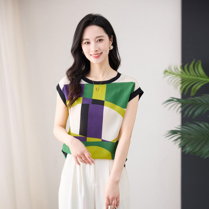 

Printed mulberry silk short-sleeved t-shirt new fashion design loose silk shirt top women XXXL