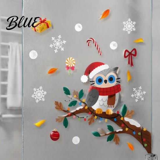 Christmas Owl Window Decals Cute Sticker Snowy Branch Candy Glass Decal Waterproof Decorative Stickers for Doors Xmas Decor Holiday Home Store Front