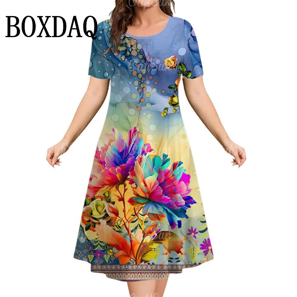 

Летние женские платья с круглым вырезом и коротким рукавом с 3D-принтом и красными цветами, свободные платья больших размеров, новое платье 3XL