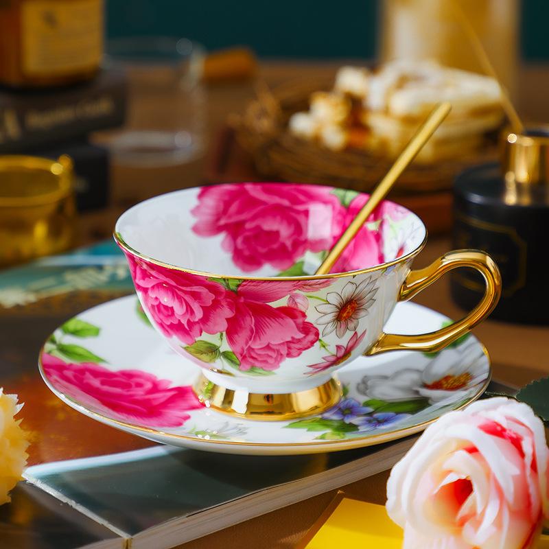 Euro Style Bone China Afternoon Tea Saucer Set Ceramic Rose Flower Tea Coffee Cup for Home Kitchen Wedding