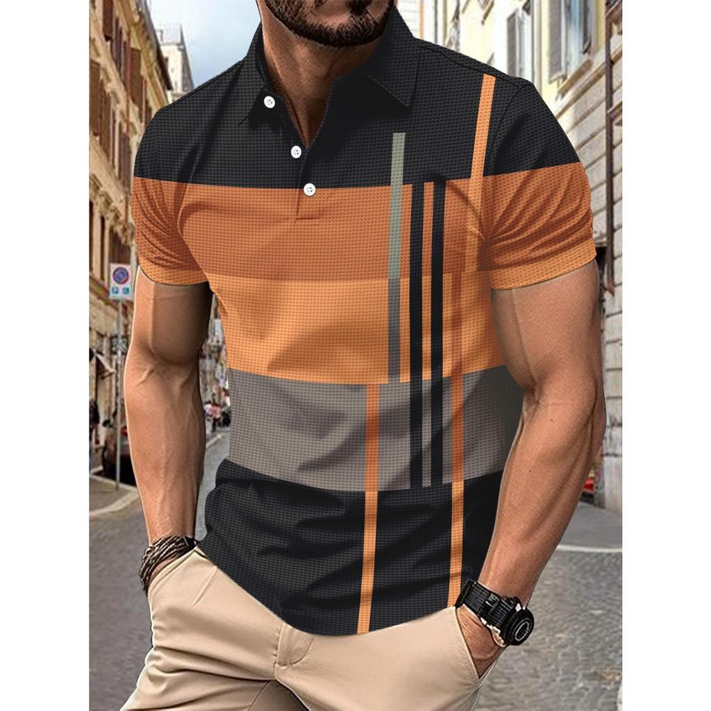 Summer Men's Daily Casual Stripe Printed Lapel Short Sleeve Polo Shirt Top