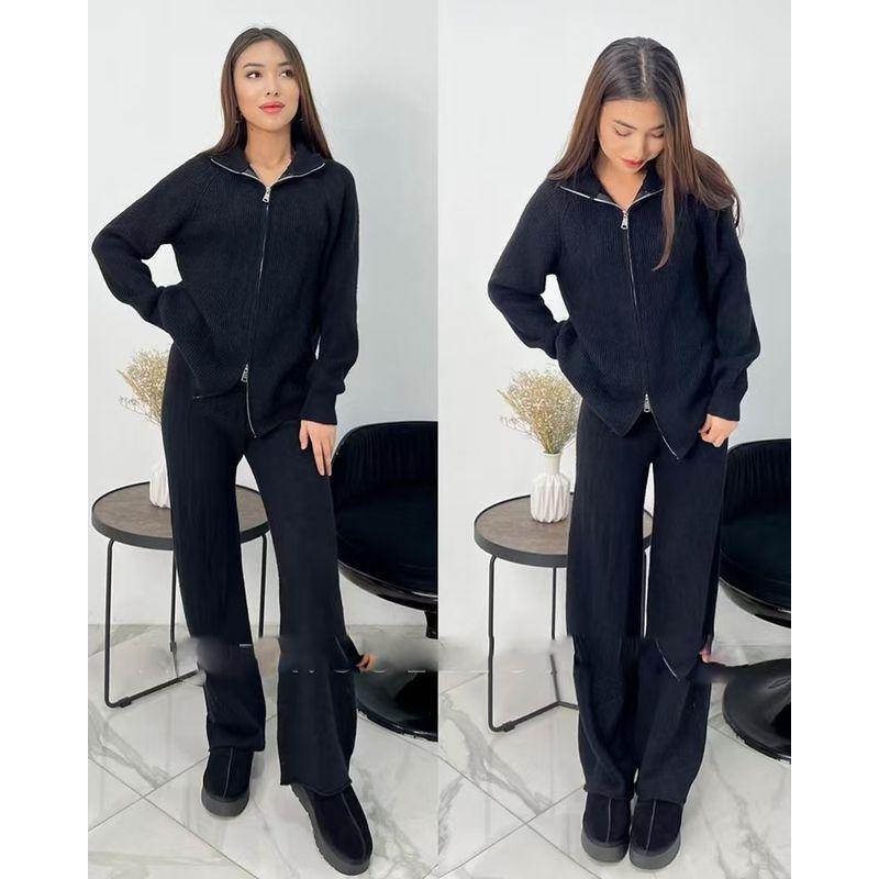 

Fashion Knitting Zipper Sweater Outwear Pants Suit Knitted Zipper Sweater Pants Set Black All yards