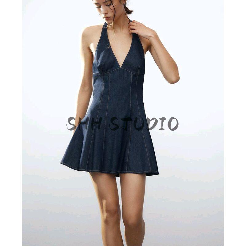 Spring and Summer New Women's Clothing French Style Hanging Collar Cotton Denim Denim Sling Short Dress 6929086
