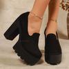 Black Suede Platform Loafers Women's Block Heel Slip-On Shoes Thick Sole Footwear for Ladies Non-Slip Round Toe High Heel Pumps