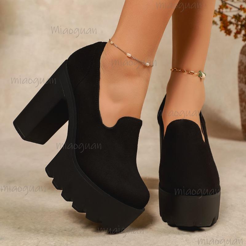 Black Suede Platform Loafers Women's Block Heel Slip-On Shoes Thick Sole Footwear for Ladies Non-Slip Round Toe High Heel Pumps
