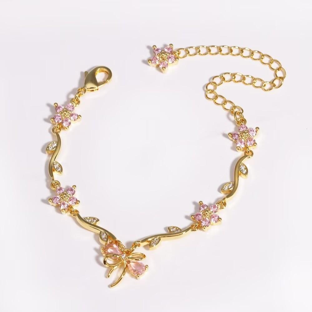 Y2K Chain Bracelet Crystal Women s Bracelet Elegant Flowers Bracelet  Jewelry Gift Gold Pink