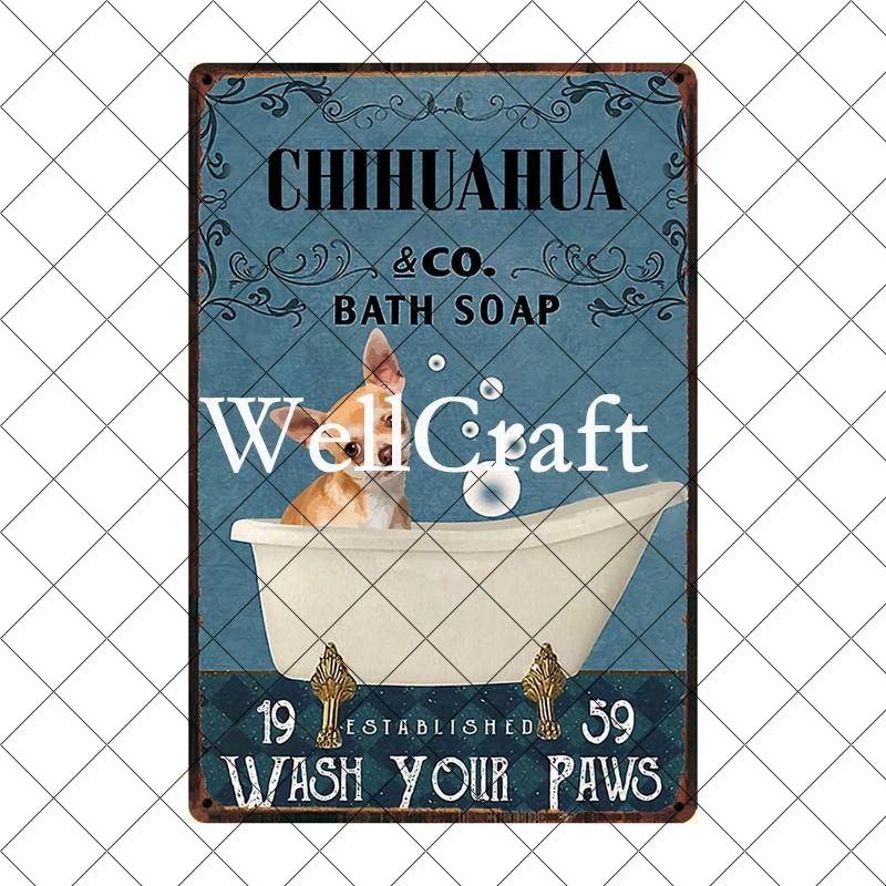 [ Wellcraft ] Chien Chihuahua Animal de Compagnie Sous la Douche Vin Bain Boutique Art Métal Étain Panneau Mur Poster Peinture Fer Pub D-04 20*30 CM