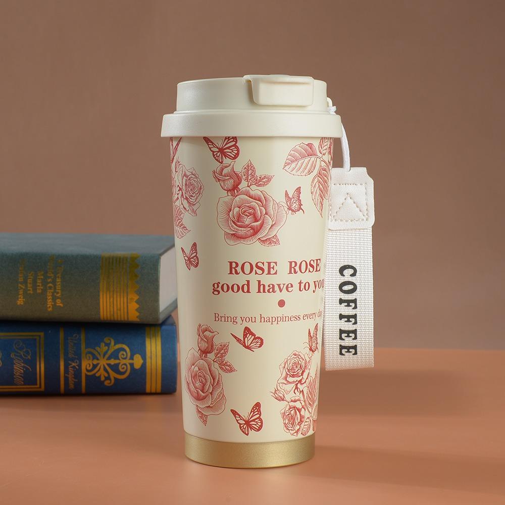 Spot Hot Sale Lily of the Valley Coffee Cup Stainless Steel Thermos Cup High Value Double Drink Straw Cup Logo