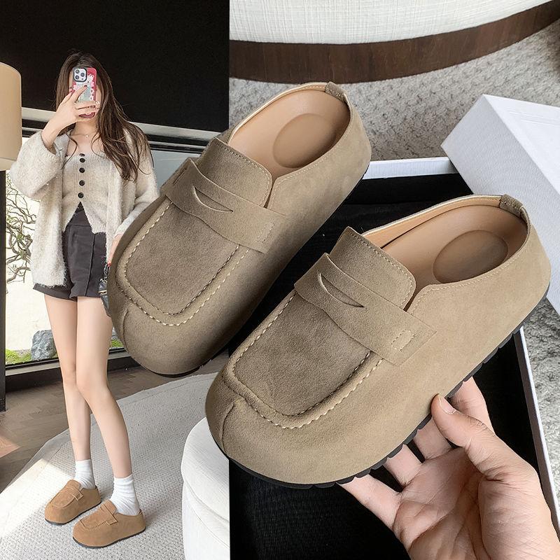 Frühling Plateau Schuhe Damen 2025 neu Frühling und Herbst Ein-Pedal Lazy Schuhe Retro vielseitig lässig Bag Head Halbschuhe