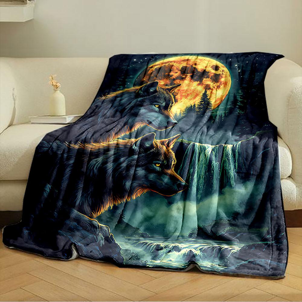 Wolves and Moonlit Waterfall for all seasons blanket lunch break throw gift