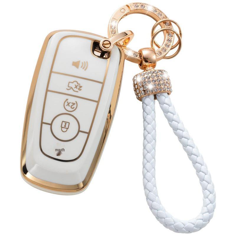 Gold-Rimmed Car Key Set with Diamond Ring Pendant Key Chain